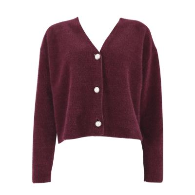 China 2021 Anti-wrinkle Women's Wine Red V-Neckline Cardigan Vintage Long Sleeve Sweater Pearl Button for sale