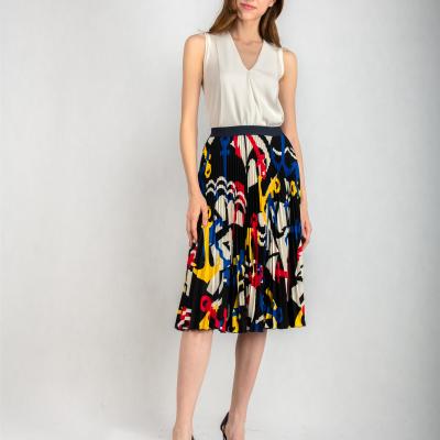 China 2020 Hot Selling Plus Size Women Pleated Casual Elastic Waistband Printed Mid Length Skirt for sale