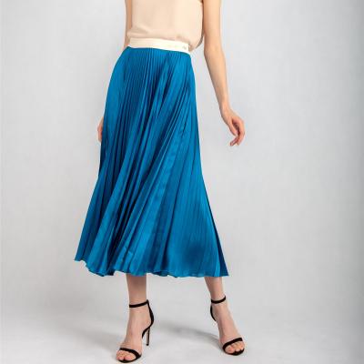 China Breathable Hot Selling Women Skirt Blue Satin Fabric Pleated Long Length Skirt for sale