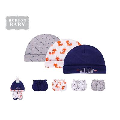 China Hudson Baby Hat and Mitten Set 3PK Cozy Baby Hat and 4PK Baby Scratch Mittens 100% Cotton No.51699 for sale