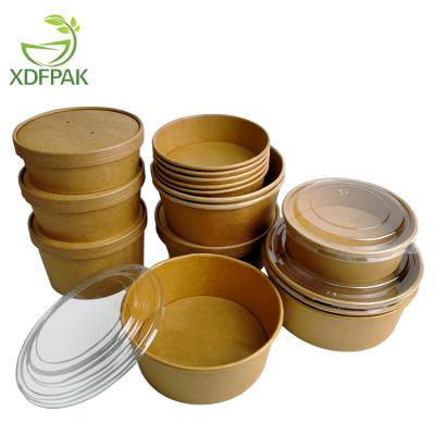 China Disposable Kraft PE/PLA Coated Salad Bowl Packed Round Paper Bowl Congee Soup Bowl Fruit Salad Catering Lunch Box With Lid for sale