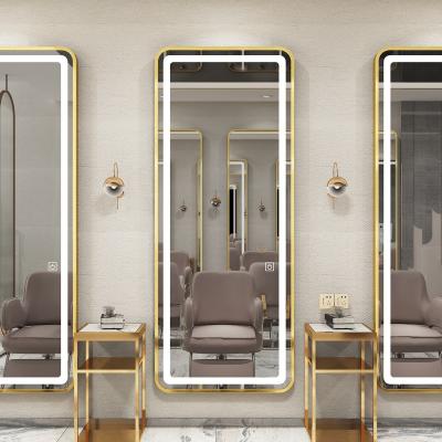 China MOQ: 1PC 2020 Fashion Dim Mirror Touch Switch Golden Barber Mirror Modern Luxury Salon Station Lighted Mirror Design With Touch for sale