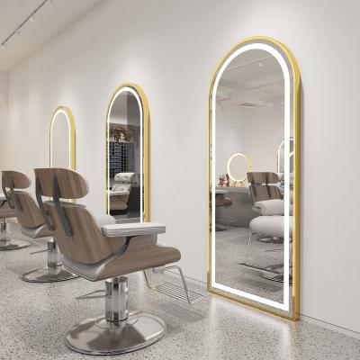 China MOQ: 1PC Modern Luxury Vintage Beauty Salon Makeup Barber Styling Vanity Salon Lighted Mirror Station With Cabinet for sale