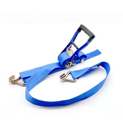 China Polyester 2inch 50MM 4T 4000KG Double J-Hook Ratchet Link Cargo Down Lashing Strap With Rubber Grip for sale