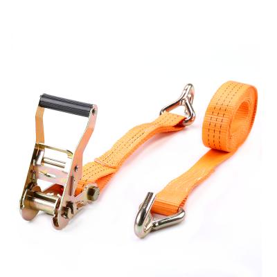 China Polyester 1.5inch 38MM 3T 3000KG Plastic Cargo Link Ratchet Handle Down Lashing Strap With Double J-Hook for sale