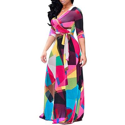 China 2022 Summer Breathable New Plus Size S-5XL V-Neck Belted Long Vestidos Boho Fashion Casual Elegant Maxi Dress Printed Maxi Dress for sale