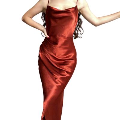 China New Fashion Women Anti-wrinkle Draped Satin Dress Sleeveless Sexy Silk Thigh Split Casual Summer Night Dress for sale