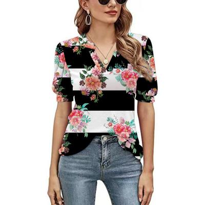 China New Design Women's Short V-Neckline Anti-Wrinkle Sleeve Puff Sleeve Floral Print Casual Black White T-Shirt T-Shirts for sale