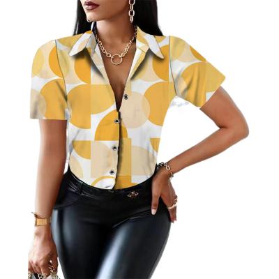 China Spring Summer 2022 Breathable Casual Women Fashion V-Neck Printed Short Sleeve Shirts Button Down Elegant Blouses Slim Loose Women for sale