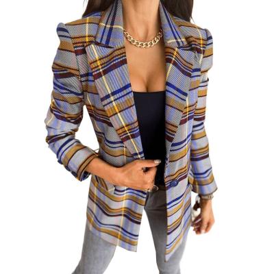 China 2021 Breathable Korean Spring Autumn Outerwear Notched Collar Casual Fashion Pockets Long Sleeve Coat Jackets Plaid Blazers For Women for sale