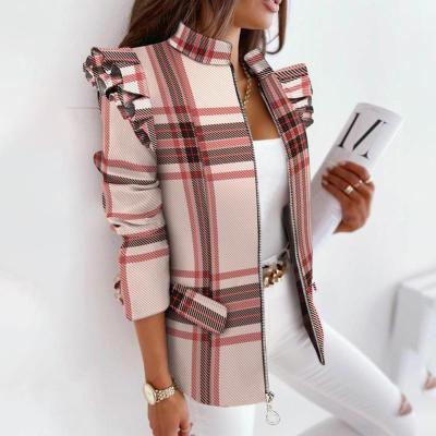 China Autumn Winter Plaid Print Zipper Anti-Wrinkle Stylish Casual Ladies Coat Ruffles Long Sleeve Blazers Women's Jackets for sale