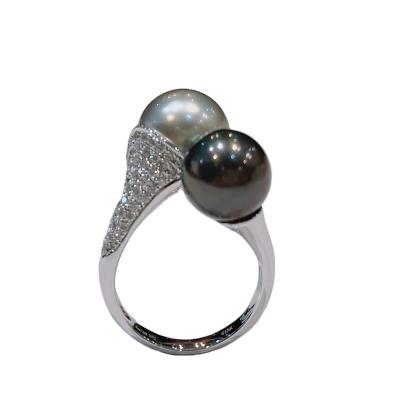 China Fashion Saltwater Pearl Two CLASSIC Blackcolour Gray Sea Pearl Rings Diamond Inlaid Pearl Ring for sale