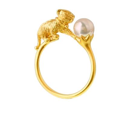 China CLASSIC Cute Naughty Cute Cat Ring 18K Gold Cute Pearl Sea Kitten Ring for sale