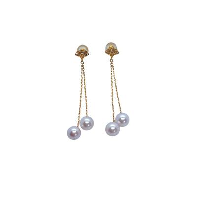 China Best Selling CLASSIC Natural Gold Saltwater Pearl Earrings 18K Inlaid Diamond Hanging Earrings for sale