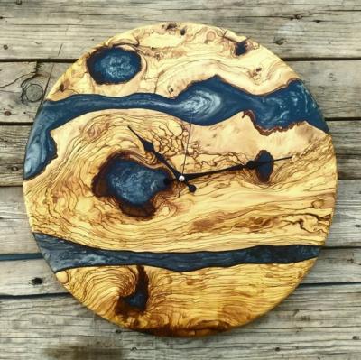 China Resin Artificial Wall Clock Olive Wood Epoxy Wall Clock Unique Gift for Home Decor for sale