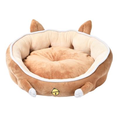 China Wholesale Breathable Cartoon Cat Shape Pet Soft Plush Pillow Funny Pet Bed For Baby Round Comfortable Pet Bolster Bed for sale