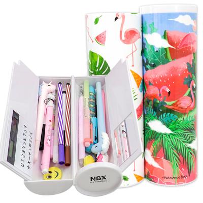 China Summer cute flamingo cartoon multi function NBX plastic pencil case with mirror calculator for kids large capacity pencil case for sale