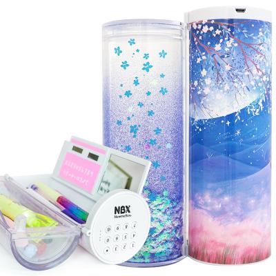 China Password Lock Newmebox Glitter Quicksand Pencil Case School Plastic Pencil Case With Password Lock for sale