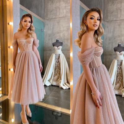 China 2021 Women Anti-Static Solid A Line Polyester Knee-Length Off Shoulder Brides Maid Dresses Blush Lace Prom Dress for sale