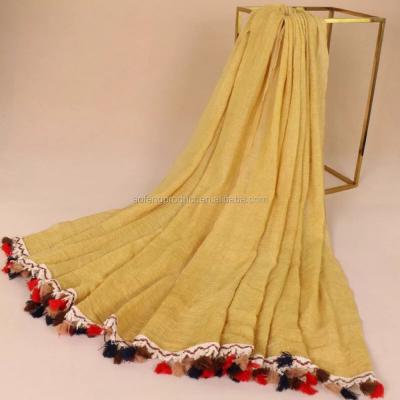 China Breathable Elegant Women Lady Color Cotton Headscarf Soft Light Solid Simple Hijab Shawl With Beautiful Gorgeous Tassel for sale