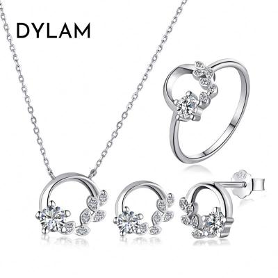 China Romantic Dylam Fashion Jewelry Wedding 925 Sterling Silver Women Necklace Set Party 5A Cubic Zirconia Leaf Dubai Bridal Jewelry Sets for sale