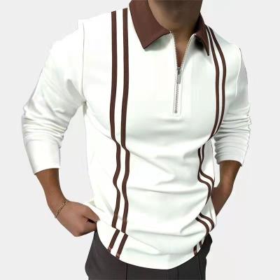 China Anti-wrinkle European and new American border 3D printing men's casual polo shirt color-blocking striped long sleeve tops in stock for sale