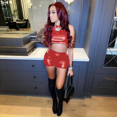 China K21ST133 Anti-Wrinkle Is Fashion Summer Two Piece Set PU Leather Short Women Jumpsuit Pants Rompers 2 Piece Set for sale