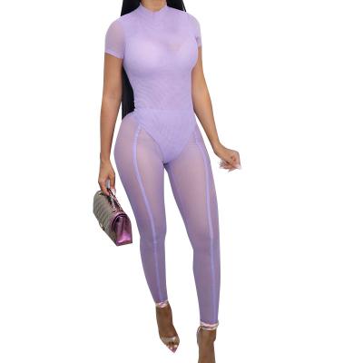 China 2021 QUICK DRY Solid Color Splicing Overalls Short Hollow Out Thin Sleeve Pants Mesh Suit for sale