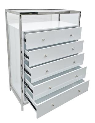 China Modern Glass Metal Dresser Large Dresser Bedroom Furniture Storage White And Silver Dressers With Drawer for sale