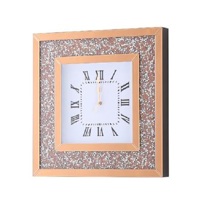 China Eco-friendly Decorative Clock Home Use Gold Tea Color Crushed Diamond Square Mirrored Wall Clock for sale