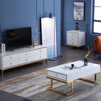 China Glod color stainless steel modern hotel living room home cabinet set Nordic furniture TV rack cabinet tea table combination for sale