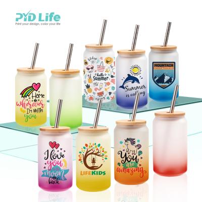 China PYD Life Gradient Color 12-13oz New Stocked Sublimation Blanks Can Beer Cola Glass Soda Can Glass Mug With Lid And Bamboo Straw for sale