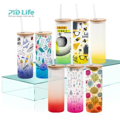 China PYD Life Sustainable Wholesale Mask 17oz 500ml Sublimation Frosted Glass Skinny Tumbler With Bamboo Wooden Lid And Plastic Straw for sale