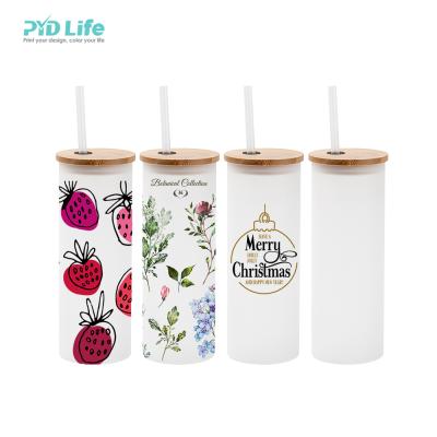 China PYD Custom Sublimation Wholesale Sustainable Life 17 Ounce Bamboo Lid Frosted White Skinny Blanks Glass Mug Tumbler With Straw And Bamboo Lid for sale