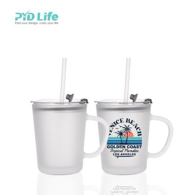 China PYD Newest Life Mugs 400ml 13oz Customizable Custom Stocked Frosted Glass Mugs Sublimation Glass Mug With Handle And Straw for sale