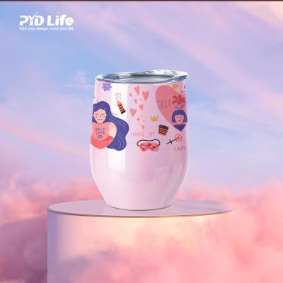 China Custom Newest Life Stocked PYD Mother's Day Gift 12 oz 350ml Glitter Sublimation Stainless Steel Pink Insulated Wine Tumbler With Lid for sale