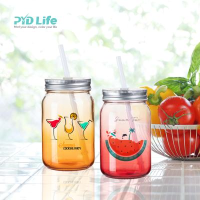 China New 2022 PYD Mason Glass Jar Wide Mouth Vivid Life Summer Gradient Color Clear Sublimation Custom Made With Lid And Straw for sale