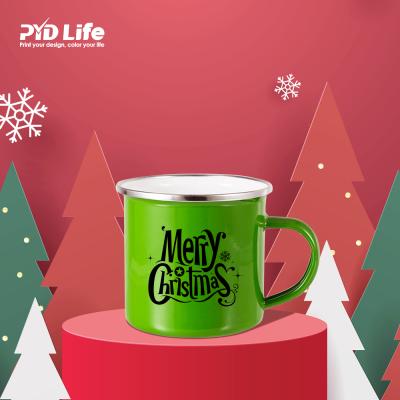 China 2021 PYD Viable Life Hot Sale Red Green Christmas Coffee Mugs Bulk Enamel Metal Mug Custom Camping Set Sublimation With Logo for sale