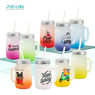 China 2022 PYD Mason Glass Jars Sustainable Life 12oz Custom Gradient Colored Sublimation Frosted With Handle And Lid Straw for sale