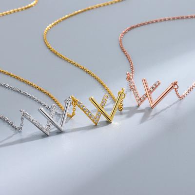 China TRENDY S925 Sterling Silver Diamond W Double V Necklace Pendant Fashion Plated K Gold Light Luxury Women's Clavicle Chain for sale