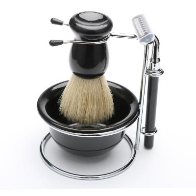 China Abeis Professional Home Beard Shaving Tools Black Soft Beard Brush Holder Razor Holder Four-piece Shaving Tool Kit for sale