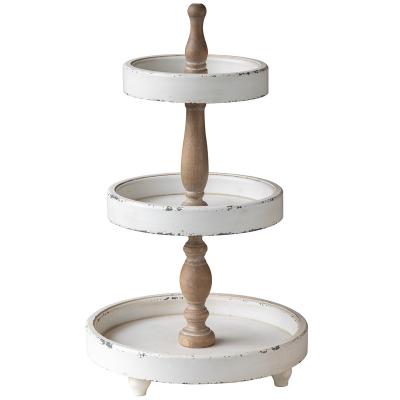 China Traditional Handmade White Distressed Finished Rustic Wood Three Tiered Tray, Large Decorative Round 3-Tier Tray For Kitchen Counter for sale