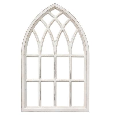 China Rustic Wood Window Frame Wall Decor from Europe, Decorative Cathedral Wood Arch, Farmhouse Wall Art Home Distressed White Finish for sale