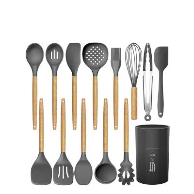 China Viable Silicone Cookware Cooking Utensil Set Turner Tongs Spatula Spoon Brush Heat Resistant Whisk Wooden Handles for sale