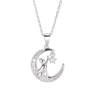 China Lead& Nickel Free Hot Selling Cute Girls Fashion Jewelry Moon Cat Star Gemstone 925 Sterling Silver Pendant Necklace for sale