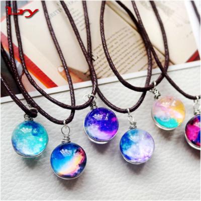 China Kids Gift Planet Crystal Ball Glass Type Galaxy Luminous Glass Necklace With Leather Chain for sale