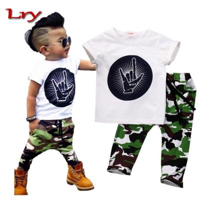 China Comfortable wholesale usa style fashion children's boutique clothes two set with t-shirt top and pants for boys for sale