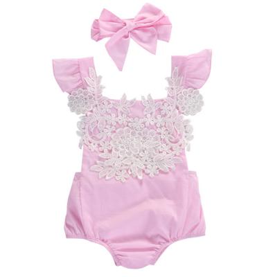 China Cozy Cute Newborn Lace Babies Floral Pink Jumpsuit Jumpsuit+Headband Outfits Sunsuit Clothes for sale