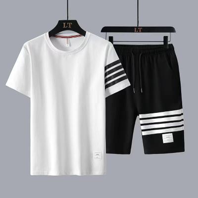 China QUICK DRY Four-bar Round Neck Sweater Suit Summer Suit Fashion Simple Two-Piece Student Male for sale