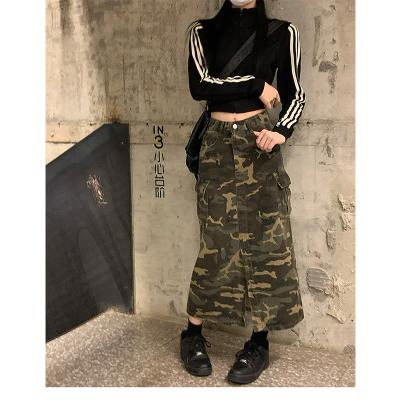 China Anti-Static Elastic Stretch Ankle Length Split Denim Womens Rim Big Pocket Jeans Dress High Waist Camouflage Denim Skirt Wholesale for sale